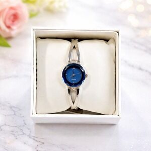 Women's Silver Bangle Watch Blue Dial Genuine Diamond Face w/ Box New